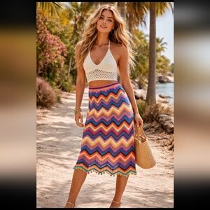 NWT Farm Rio Chevron Knit Pom-Pom Midi Skirt
